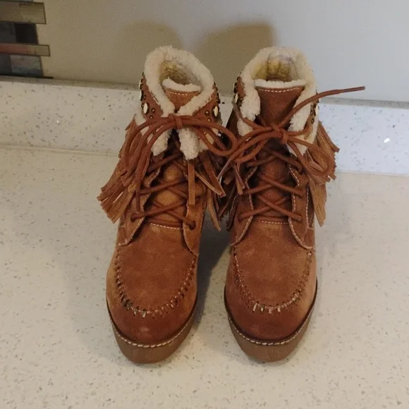 Fringe Suede Wedge Boots - Brown SAM  EDELMAN Size 8.5 Women - Picture 2 of 6